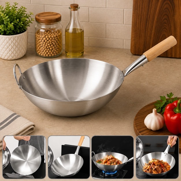 STAINLESS STEEL WOK PAN WITH WOODEN HANDLE 40CM
