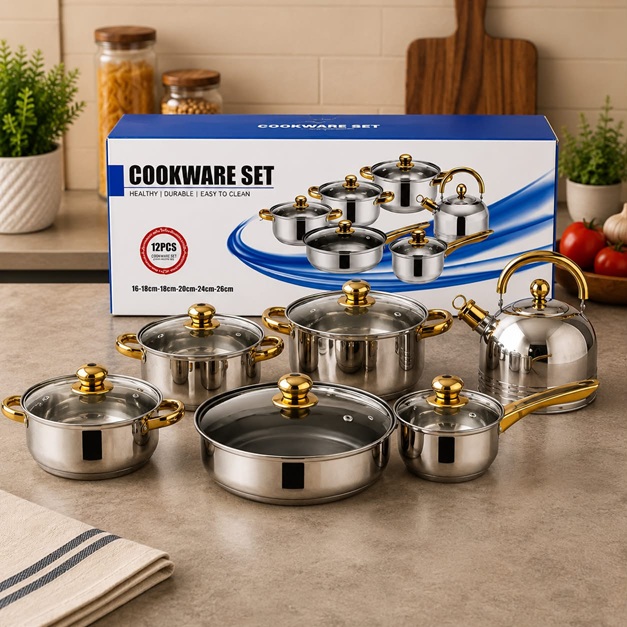 12 PCS STAINLESS STEEL COOKWARE SET WITH GOLD HANDLES