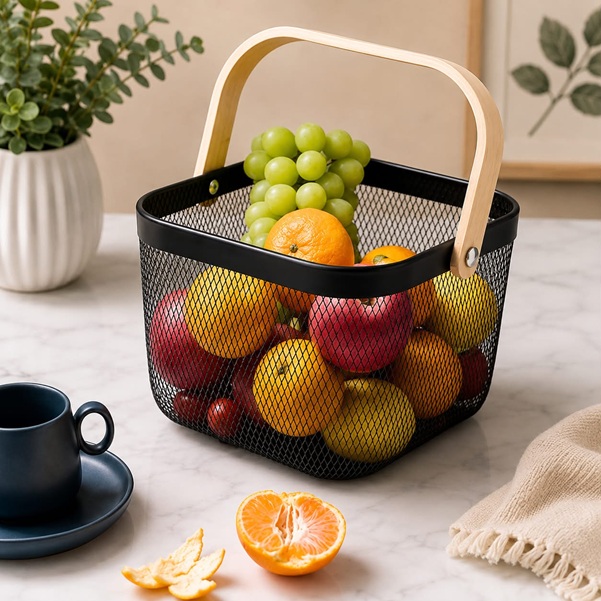 SQUARE MESH BASKET WITH WOODEN HANDLE