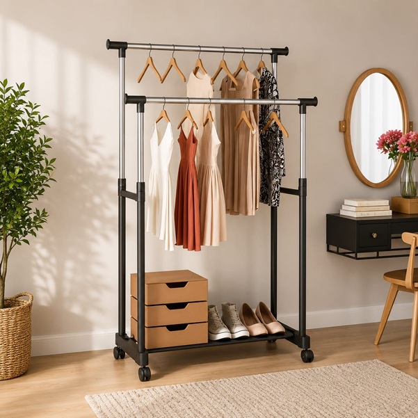 DOUBLE POLE PORTABLE CLOTHES RACK WITH WHEELS